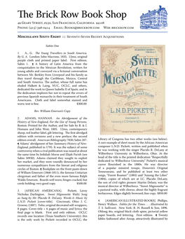 The Brick Row Book Shop 49 Geary Street, #230, San Francisco, California 94108 Phone: (415) 398-0414 Email: Books@Brickrow.Com Web: Brickrow.Com