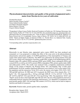 Physicochemical Characteristics and Quality of the Protein of Pigmented Native Maize from Morelos in Two Years of Cultivation