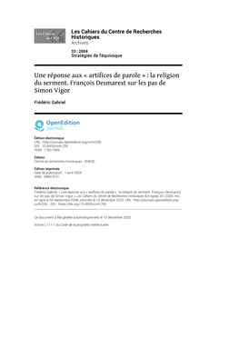 Les Cahiers Du Centre De Recherches Historiques, 33 | 2004 Une Réponse Aux « Artifices De Parole » : La Religion Du Serment