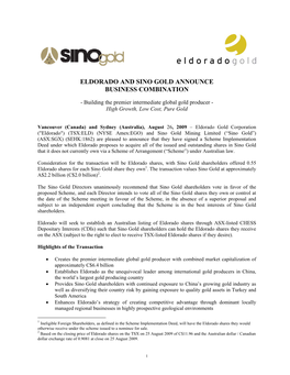 Eldorado and Sino Gold Announce Business Combination