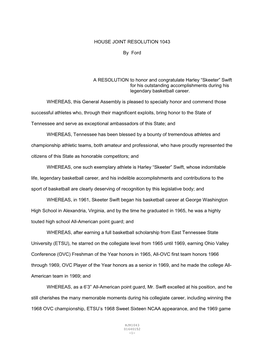 HOUSE JOINT RESOLUTION 1043 by Ford a RESOLUTION to Honor and Congratulate Harley “Skeeter” Swift for His Outstanding