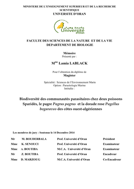 Biodiversité Des Communautés Parasitaires Chez Deux Poissons Sparidés, Le Pagre Pagrus Pagrus Et La Dorade Rose Pagellus