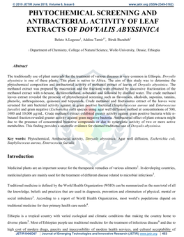 Phytochemical Screening and Antibacterial Activity of Leaf Extracts of Dovyalis Abyssinica