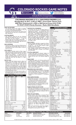 Colorado Rockies Game Notes