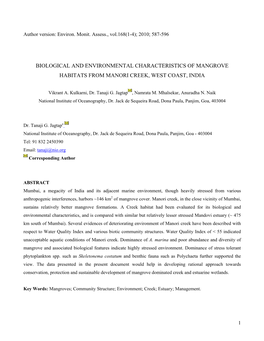 Biological and Environmental Characteristics of Mangrove Habitats from Manori Creek, West Coast, India