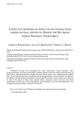 Insect-Plant Interactions Among Several Species of Piper in the Rio Abajo Forest Preserve, Puerto Rico