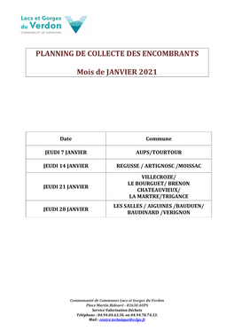 PLANNING DE COLLECTE DES ENCOMBRANTS Mois De JANVIER