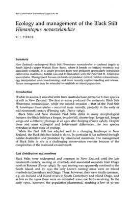 Ecology and Management of the Black Stilt Himantopus Novaezelandiae