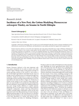 Research Article Incidence of a New Pest, the Cotton Mealybug Phenacoccus Solenopsis Tinsley, on Sesame in North Ethiopia