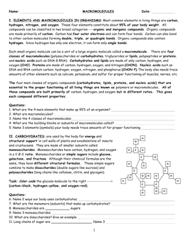 Name: MACROMOLECULES Date: I. ELEMENTS AND