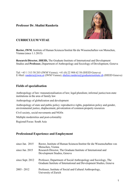 Professor Dr. Shalini Randeria CURRICULUM VITAE