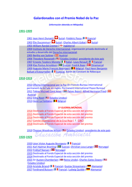 Galardonados Con El Premio Nobel De La Paz