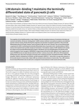 LIM Domain–Binding 1 Maintains the Terminally Differentiated State of Pancreatic Β Cells