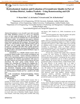 Hydrochemical Analysis and Evaluation of Groundwater Quality in Part of Krishna District, Andhra Pradesh – Using Remotesensing and GIS Techniques