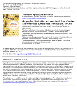 Journal of Apicultural Research Geographic Distribution and Associated Flora of Native and Introduced Bumble Bees (Bombus Spp.)