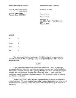 199932024 Person to Contact: Release Date: 8/13/1999 Telephone Number: Refer Reply To: CC:DOM:P&SI:1 PLR-121974-98 Date: May 13, 1999