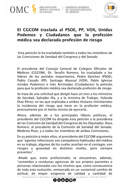 El CGCOM Traslada Al PSOE, PP, VOX, Unidas Podemos Y Ciudadanos Que La Profesión Médica Sea Declarada Profesión De Riesgo