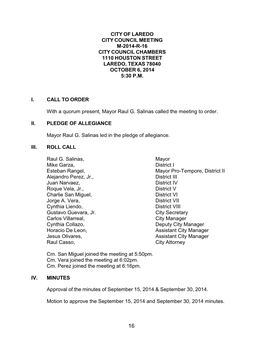 City of Laredo City Council Meeting M-2014-R-16 City Council Chambers 1110 Houston Street Laredo, Texas 78040 October 6, 2014 5:30 P.M