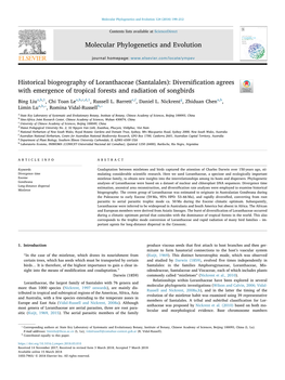 Historical Biogeography of Loranthaceae (Santalales): Diversiﬁcation Agrees T with Emergence of Tropical Forests and Radiation of Songbirds