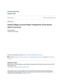 Oneida College Lacrosse Players' Perspectives of the Sacred Game Of