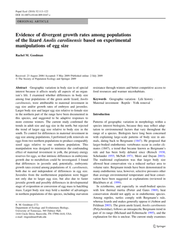 Evidence of Divergent Growth Rates Among Populations of the Lizard Anolis Carolinensis Based on Experimental Manipulations of Egg Size