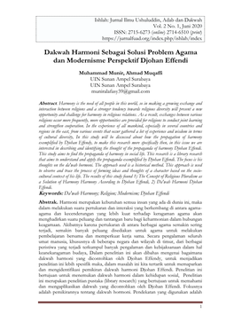 Dakwah Harmoni Sebagai Solusi Problem Agama Dan Modernisme Perspektif Djohan Effendi