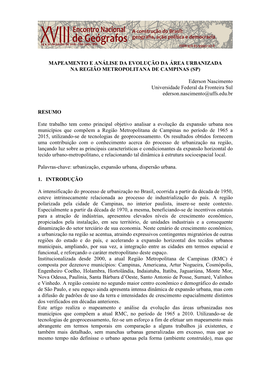 Mapeamento E Análise Da Evolução Da Área Urbanizada Na Região Metropolitana De Campinas (Sp)