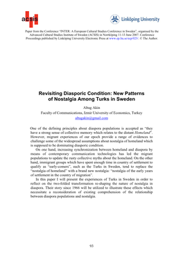 Revisiting Diasporic Condition: New Patterns of Nostalgia Among Turks in Sweden