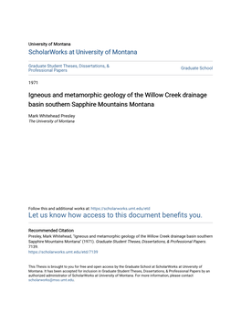 Igneous and Metamorphic Geology of the Willow Creek Drainage Basin Southern Sapphire Mountains Montana