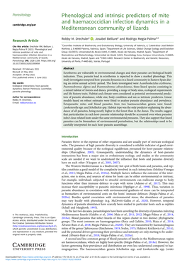 Phenological and Intrinsic Predictors of Mite and Haemacoccidian Infection Dynamics in a Cambridge.Org/Par Mediterranean Community of Lizards