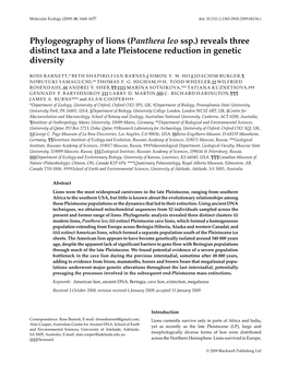 (Panthera Leo Ssp.) Reveals Three Distinct Taxa and a Late Pleistocene Reduction in Genetic Diversity