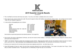 2019 Koestler Awards Results (At 28.08.19)