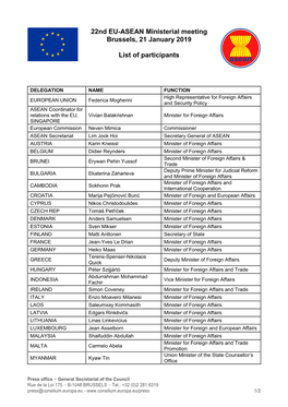 22Nd EU-ASEAN Ministerial Meeting Brussels, 21 January 2019 List Of