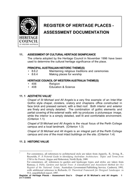 Register of Heritage Places - Assessment Documentation