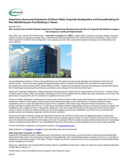 Supermicro Announces Expansion of Silicon Valley Corporate Headquarters and Groundbreaking for New 800,000-Square Foot Building in Taiwan
