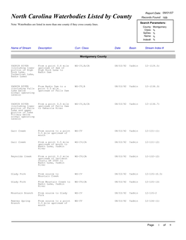 North Carolina Waterbodies Listed by County Records Found: 169 Search Parameters: Note: Waterbodies Are Listed in More Than One County If They Cross County Lines