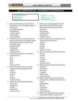 Daily Current Affair Quiz : ( 02 November to 03 November 2019)
