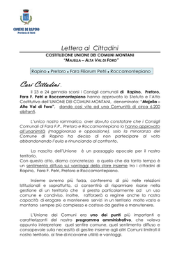 Lettera Ai Cittadini COSTITUZIONE UNIONE DEI COMUNI MONTANI “MAJELLA – ALTA VAL DI FORO”