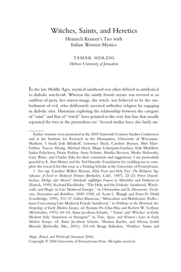 Witches, Saints, and Heretics Heinrich Kramer’S Ties with Italian Women Mystics