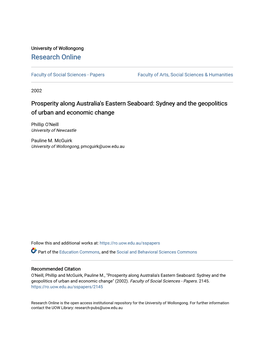 Prosperity Along Australia's Eastern Seaboard: Sydney and the Geopolitics of Urban and Economic Change