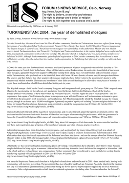 TURKMENISTAN: 2004, the Year of Demolished Mosques