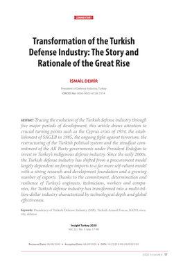 Transformation of the Turkish Defense Industry: the Story and Rationale of the Great Rise