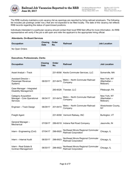 Railroad Job Vacancies Reported to the RRB 844 North Rush Street TTY: (312) 751-4701 June 20, 2017 Chicago, Illinois 60611-1275 Website