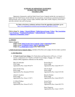 OPPOSITION to EFFORTS to SPLIT the NINTH CIRCUIT (November 6, 2006)