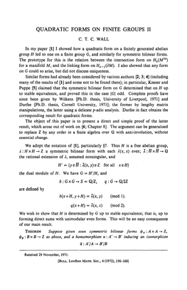 Quadratic Forms on Finite Groups Ii