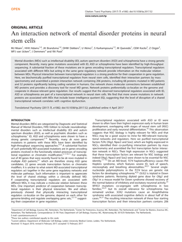 An Interaction Network of Mental Disorder Proteins in Neural Stem Cells