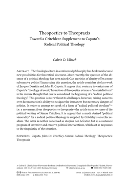 Theopoetics to Theopraxis Toward a Critchlean Supplement to Caputo’S Radical Political Theology