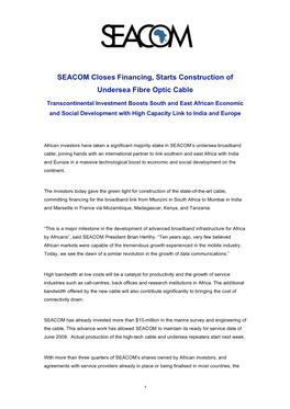 SEACOM Closes Financing, Starts Construction of Undersea Fibre Optic Cable