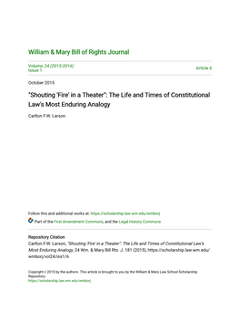 Shouting 'Fire' in a Theater": the Life and Times of Constitutional Law's Most Enduring Analogy