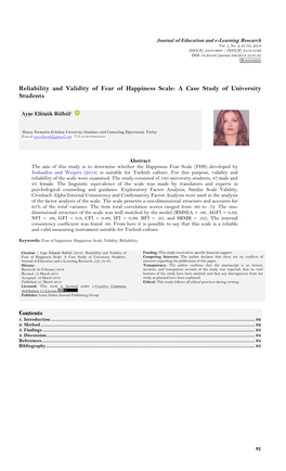 Reliability and Validity of Fear of Happiness Scale: a Case Study of University Students